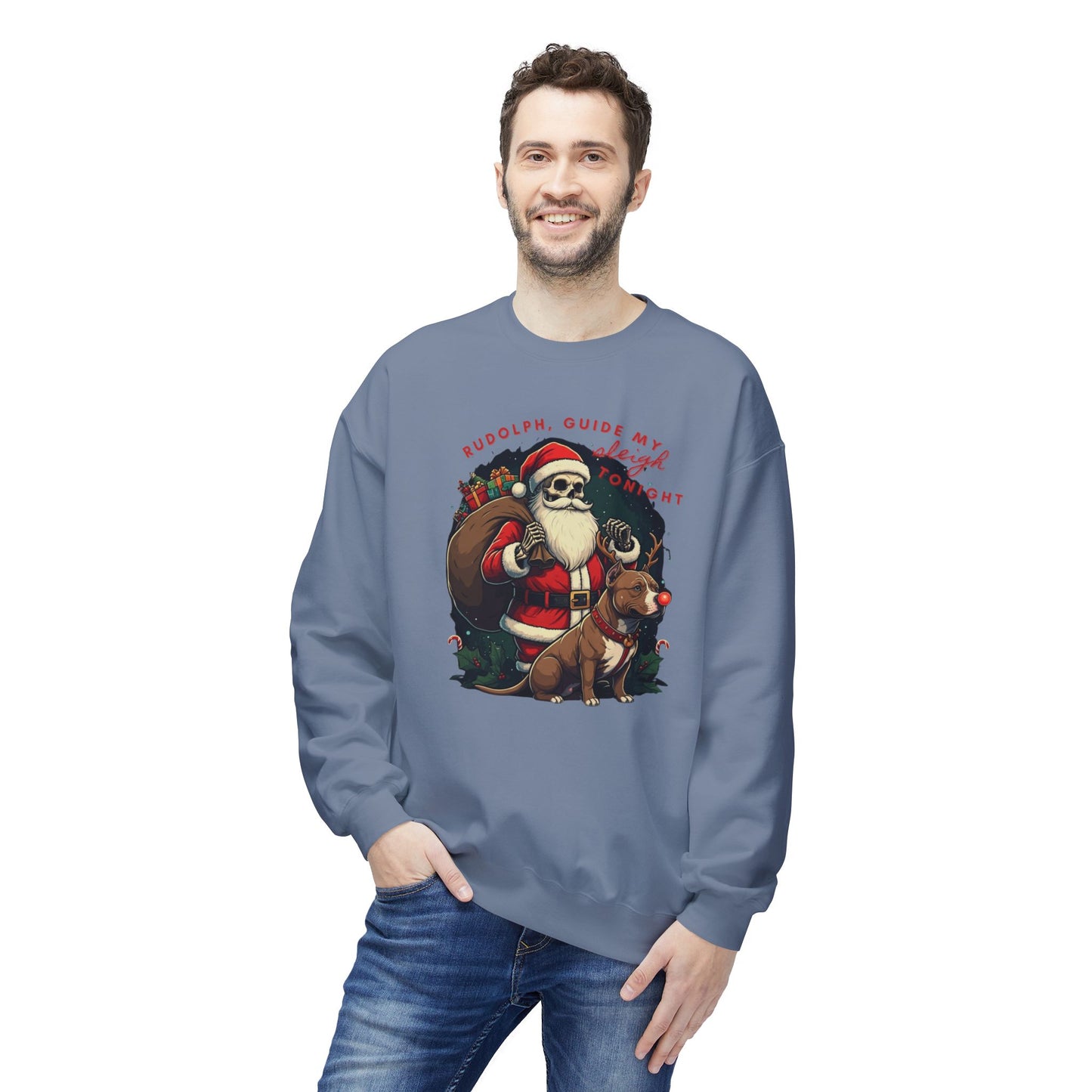 Christmas Skeleton Santa Sweatshirt with Pitbull Rudolph