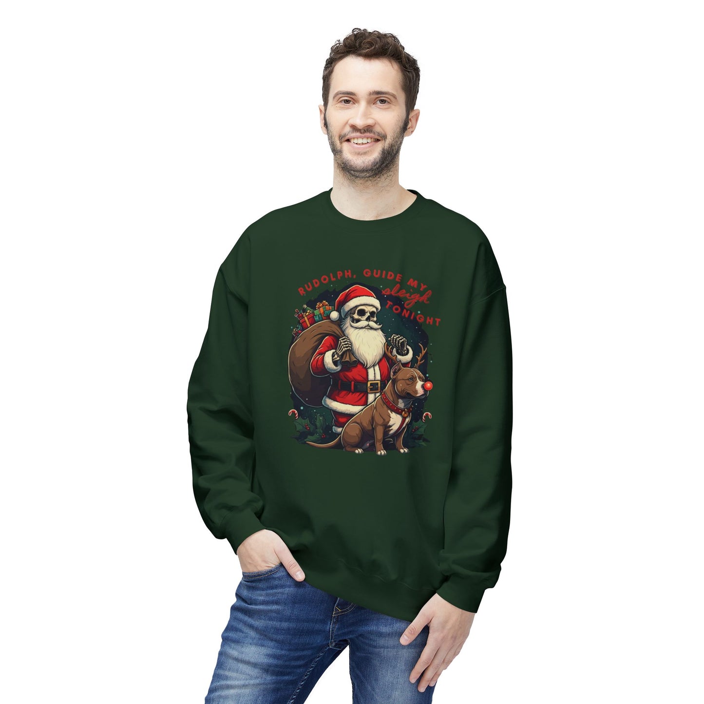 Christmas Skeleton Santa Sweatshirt with Pitbull Rudolph