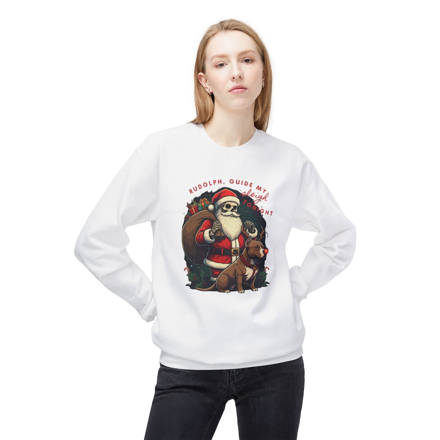 Christmas Skeleton Santa Sweatshirt with Pitbull Rudolph